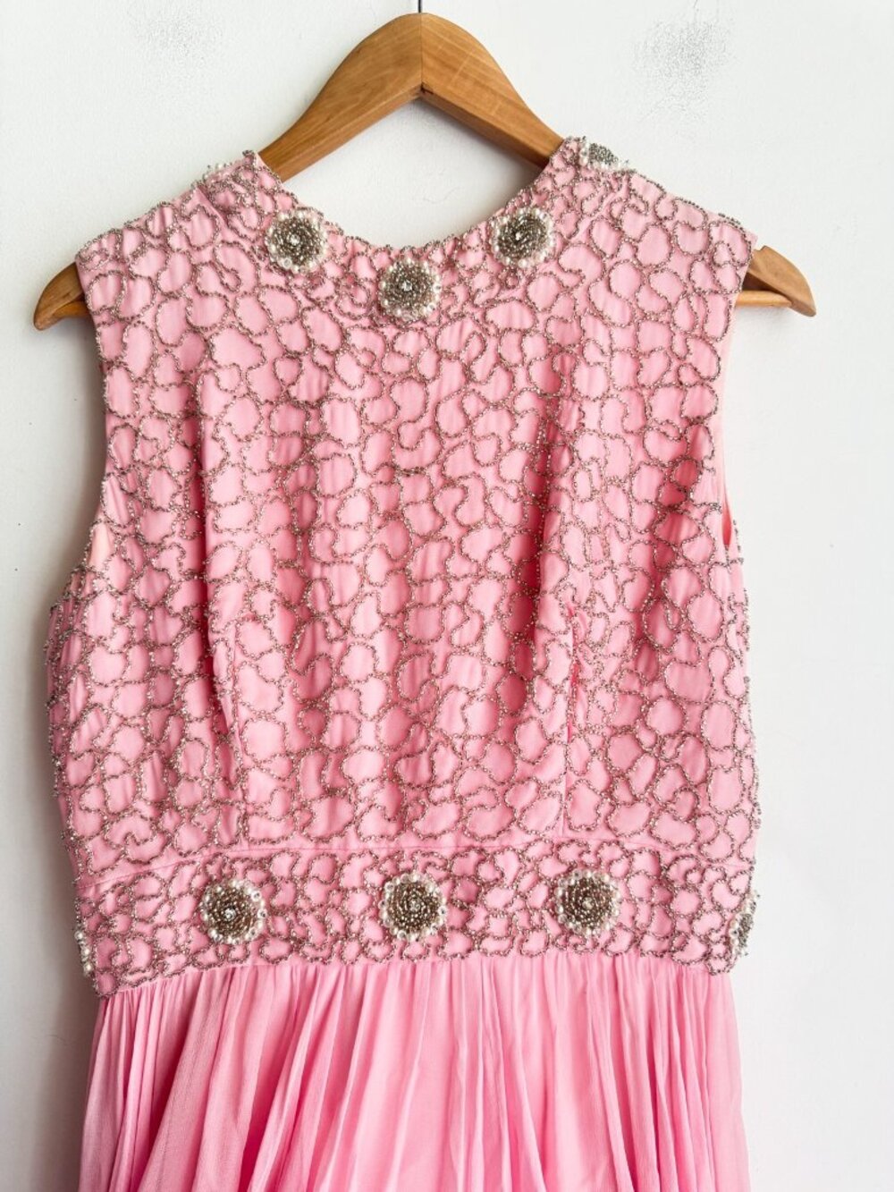 Vintage 60s Barbie Pink Beaded Fit and Flare Midi Cocktail Dress S - Picture 3 of 9